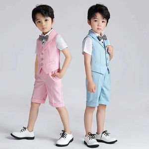 Suits Boys Summer Formal Vest Short Bowtie Clothing Set Kids Wedding Photography Suit Children Performance Costume Teenager Dress Suit