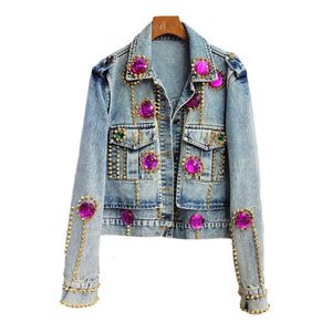 Streetwear Fashion Denim Jackets Women Korean Loose Short Cowboy Outerwear Rivet Diamonds Big Pocket Jeans Jacket Coat Female 240513