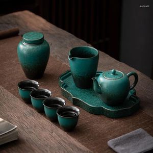 Teaware set antik keramisk torr bubbla te -set med potten Lös hand som håller Stone Green Glaze Cup presentförpackning