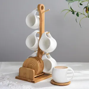 Becher Keramik Kaffeetasse und Untertasse Set 4-6-Stück Bambusschale mit Regal für Haushaltsabrechnungen Wärmefestigkeit CE / EU