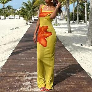 Casual Dresses Summer Flower Print See Through Maxi Women Fashion Asymmetric Neck Sleeveless Long 2024 Female Holiday Beach