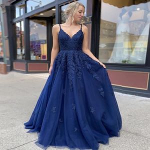 Marineblaue Abschlussballkleider lang Spaghetti -Riemen schnüren Rücken eine Linie Applizes formelle Frauen Abendkleid Vestido de Fiesta 226W