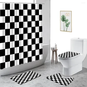 Duş Perdeleri Siyah Beyaz Geometrik Perde İskandinav Minimalist Sanat Baskı Banyo 4 Parçalı Set Anti-kayma halı banyosu