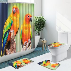 Shower Curtains Animal Parrot Hand Drawn Bird Flower Non-Slip Flannel Rugs Toilet Cover Bath Mat Bathroom Set Indoor Home Decor