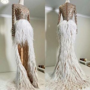 2022 Sexy Illusion Top Evening Dresses with Sequins Hi Lo Feather Skirt Prom Gowns Long Sleeves Second Reception Party Formal Dress PRO 271M