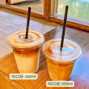 Disposable Cups Straws 100pcs Net Red 300ML PET American Iced Coffee Cup Milk Tea Transparent Thickened Dessert Packaging Plastic