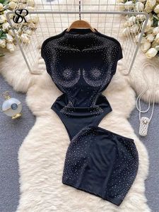 Vestido de duas peças sirreiny shinestone impressão slim duas peças conjuntos mulheres slves curtos corpos sexy