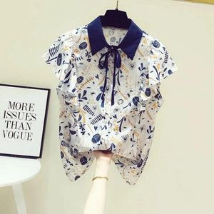 Women's Blouses Navy Floral Printing Chiffon Polo-Neck Butterfly Sleeve Single Breasted Blouse Shirt Korean Fashion Female Clothing Tops