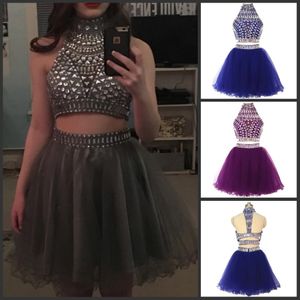 Vestidos de baile de duas peças curtos 2021 shinestone cristal com miçangas doces 16 vestidos halter júnior puffy tule tule homecoming vestidos de formatura 245y