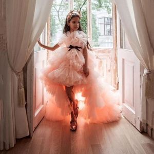 High Low Tiered Tulle Girls Pageant Dresses Long Layered Flower Girls Dress Blush Pink Ruffles Kids Birthday Gowns Vestidos 239E