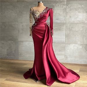 Arabic Aso Ebi Burgundy Mermaid Evening Dresses Beaded Crystals Prom Dresses Sheer Neck Formal Party Second Reception gown 2420