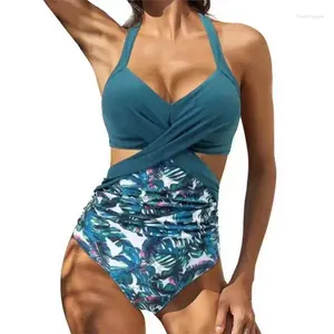 Women's Swimwear 2024 One-piece Swimsuit Leopard Pattern Patchwork Cross Sexy Leaky Back