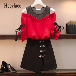 Work Dresses Women Set Summer Korean 2 Piece Ribbon Bowknot Mesh Stitching Strapless Top And Irregular Skirt Suits