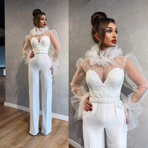 Illusion Long Sleeve Prom Jumpsuit with Belt Arabic High Neck Ruffles Lace Stain Women Occasion Evening Dress with Pant Suit 211c