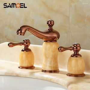 Bathroom Sink Faucets Brass Rose Gold 3 Hole Marble Basin Faucet Copper Two Handle Golden Jade Stone Lavatory Water Mixer Tap M1038