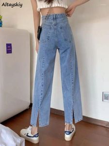 Frauen Jeans Frauen hohe Taille Baggy Straight All-Match Streetwear koreanischer Stil Back-Slit Chic Mode Vintage Sommer lässig einfach einfach