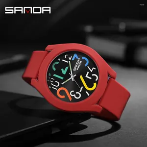 ساعة معصم Sanda Men's Watch Silicone Strap Bracking Creative Simple Girls Watch 2024 Fashion Black Quartz Clock 9021