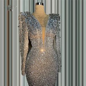 Glitter Silver Mermaid Formal Evening Dresses For Arabic Women Sexy Deep V Neck Long Sleeves Beaded Crystals Prom Occasion Gowns Vestid 282Z