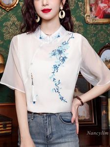Damskie bluzki chiński w stylu haft haftowa cheongsam koszula lato najlepsze 2024 eleganckie krótkie szyfonowe bluzki z bluzą szyfonową