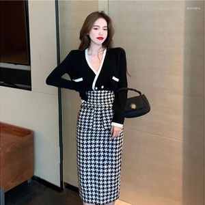 Work Dresses Winter Female Sets Knit Cardigan Sweater Jacket High Waist Houndstooth Slit Skirt Two-Piece Women's Suits