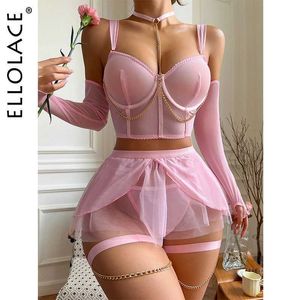 Sexy Set Ellolace Light Pink Lace Lingerie Gril Ruffle Underwear Halter Intimate Outfits With Long Sleeve Bilizna New In Erotic Q240511