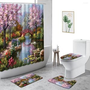 Shower Curtains Forest Garden Scenery Curtain Pink Flower Plant Small Bridge Flowing Water Bathroom Set Non-Slip Carpet Toilet Cover Rug