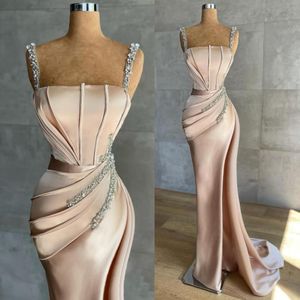 Chic Sheath Mermaid Evening Dresses 2022 Latest Sexy Spaghetti Strap Sequins Pleats Long Formal Party Celebrity Gowns Vestidos 239L