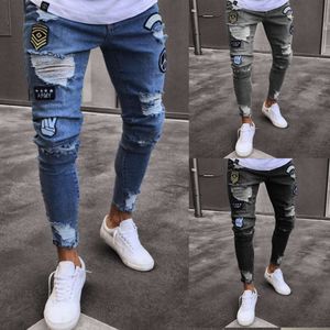 Badge Jeans Men's Trendy Knee dragkedja Små fötter Tårar Nya denimbyxor M513 53