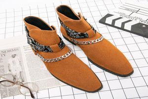 British Ankle Boots Men Shoes Classic Faux Suede Square Toe Print Belt Buckle Chain Comant Fashion Business Casual Party AD171847313