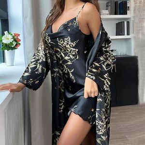 Ana Sayfa Giyim Saten Nightdress Set Çiçek Baskı Kadın Pijama V Boyun Sırtsız Uzun Kollu Cardigan 2 Parça Buz İpek