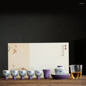 Teaware Sets Chinese Hand Painted Purple Iris Flower Cover Bowl Ceramic Tea Set Small Tall Cup Home Office Guest Gift Box
