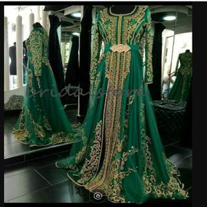 Green Moroccan Caftan Evening Dresses Elegant Muslim Abaya Dubai Evening Gown Applique Beaded Long Sleeve Prom Dresses Formal Evening W 288U