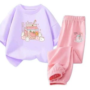 衣料品セットサマーピーチジュースTシャツ+ズボン2ピースアンチ型パンツの女の子漫画ワンダラー子供ファッションsetl2405l2405