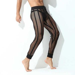 Mäns byxor Summer Casual Mens Long Pants with Breattable Ankle Straps Pyjamas With Wide Midjeband Hollow Mesh Stripes Sissy Sexy Sports Pantsl2405