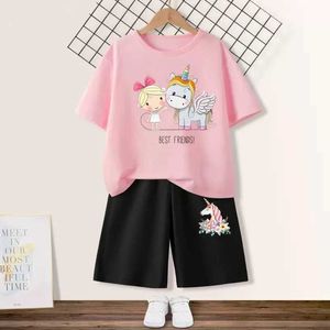 Zestawy do odzieży Zestaw koszulki dla dzieci Najlepsza przyjaciółka Odzież Summer Girl Short Sleved Sports T-shirt+krótkie set 2-częściowy zestaw dla dzieci odzież 2405L2405