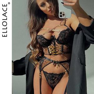 Seksowna set Ellolace Delikatne lampart bielizny Bra Bra Zestaw Push Up See przez bieliznę 4-częściowy fetysz Fancy Luksusowe koronkowe egzotyczne zestawy Q240511