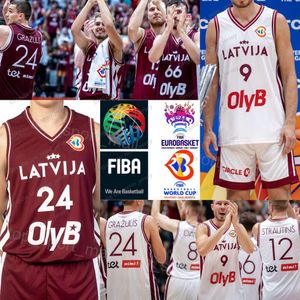 Tryckt 2023 VM Basketball Lettland 6 Kristaps Porzingis Jersey 11 Rolands Smits 21 Aigars Skele 47 Arturs Kurucs 9 Dairis Bertans 12 Arturs Strautins Red White