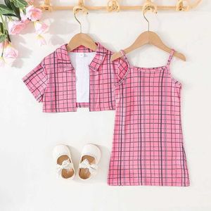 Mädchenkleider Kleidung Set für Kid Girl 3-7 Jahre alte Kurzarmbluse Plaid Hosenträger Rock Prinzessin Kleider Sommer-Outfit für Baby Girll2405