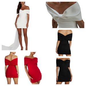 Kadınlar için yazlık elbiseler parti davrısı omuz kapalı kısa kollu backdess mini elbise ployester bows beyaz kırmızı yazlık elbise mezuniyet elbisesi