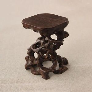 Decorative Plates Wood Carving Handicraft Ornaments Strange Stone Base Solid Hollow Root Jade Teapot Wooden Flower Shelf