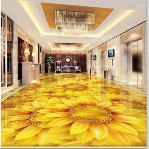 Papéis de parede Wellyu Decoração de piso personalizado Pintura 3D Sun Flower Girlower Plant Self Adensive Flooring Tiles Mural Wallpaper