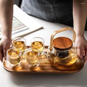 Teaware set värmebeständiga glasögon tekanna tekoppuppsättning hem café blomma bryggtillverkare filter vatten vattenkokare kaffemugg med träpallar