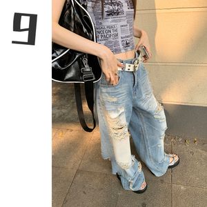 drilled hole jeans woman pencil pants women Jeans Ripped denim trousers wiTH RhinESTone Denim Pants Woman