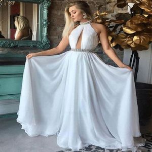 New Customize White Prom Dresses A-Line Halter Beaded Chiffon Backless Party Maxys Evening Dresses Robe De Soiree Long Prom Gown 213s