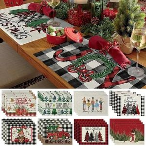 Table Mats 4Pcs Placemat For Dining Linen Xmas Tree Elk Print Mat Bowl Coffee Cup Pad Home Decoration