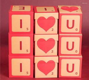 Подарочная упаковка 10pcs Hearts Design Candy Boxs Square Chocolate Container с лентой для свадьбы (красный)