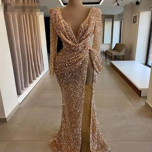 Blaskly Gold Sequins Suknie wieczorowe 2021 Długie rękawy Seksowne wysokie szczelinowe głębokie syrena V-denia Rose Ruche Dubai Women Formal Suknie 311p