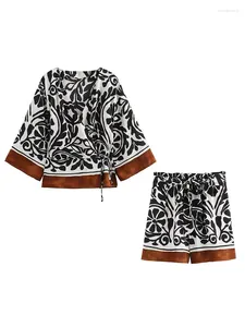 Damen-Trailsuits Frauen Sommer 2-Stück Sets 2024 Vintage Print Lose Shirts Tops und Shorts weibliche elegante Straße zwei Anzüge Kleidung