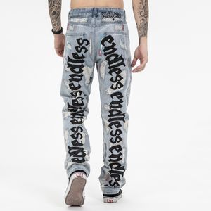 Jeans mens pants FGG Trendy European And American High Street Light Blue Straight Jeans Hole Patches Fashion Letter Pants Slim Elastic Leggings