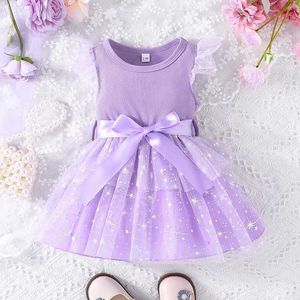 Vestido de menina vestido para crianças recém -nascido 3 a 24 meses de aniversário de manga de mosca estrelas fofas de tule princesa roxa vestidos formais ootd para baby girll240513